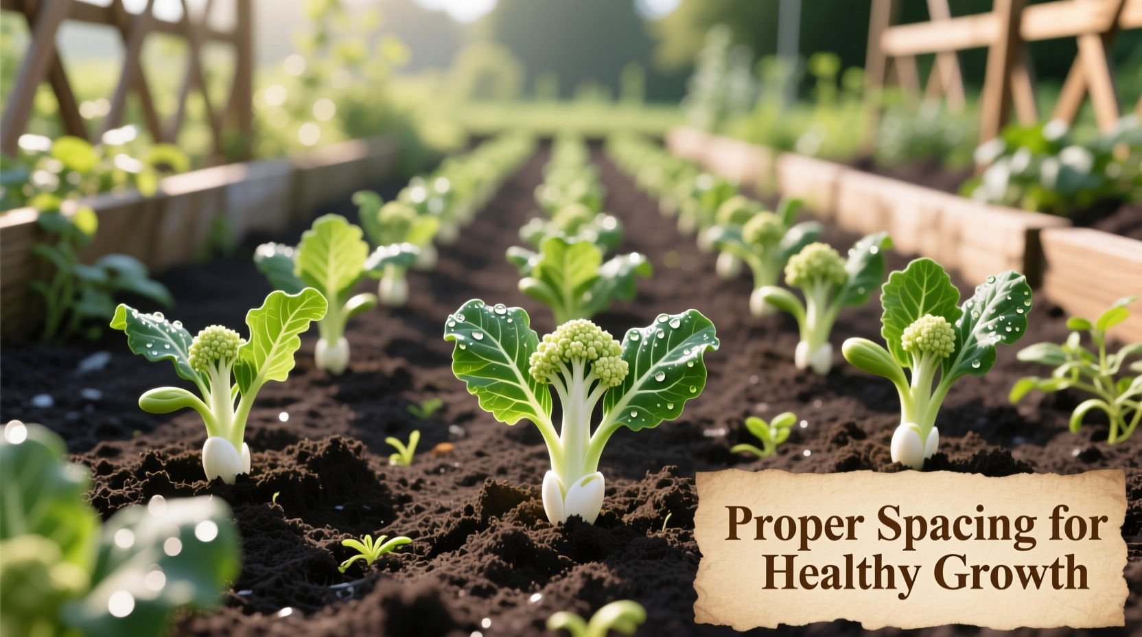 Cauliflower seedlings in garden bed with proper spacing