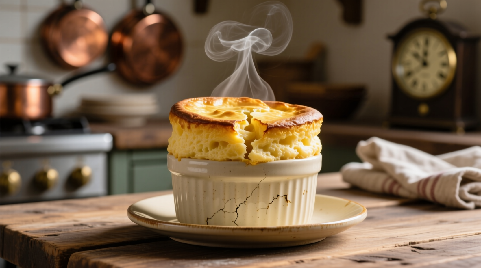 Golden potato souffle rising from ceramic ramekin