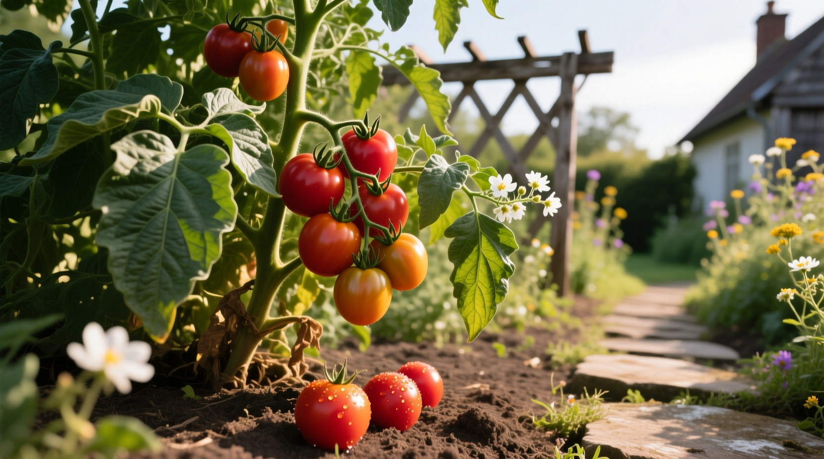 Brandywine tomato plant with ripening fruit in garden