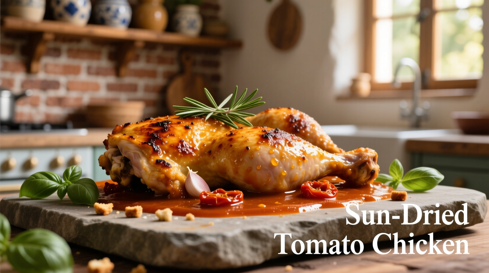 Golden brown chicken in rich sun-dried tomato sauce