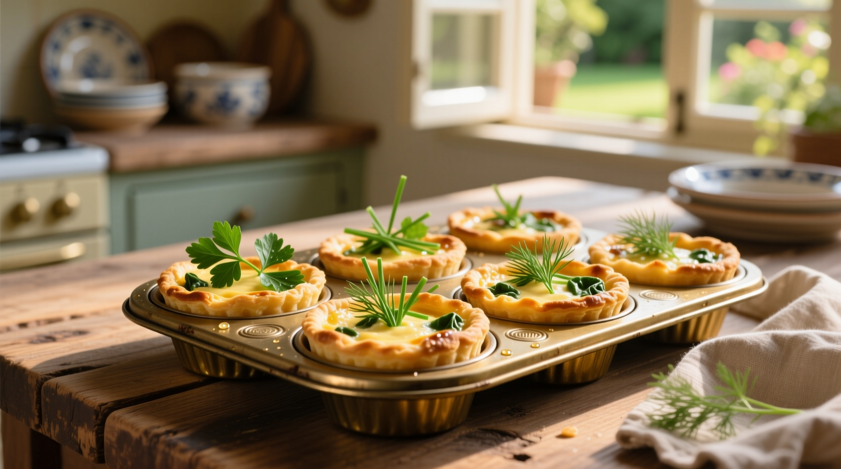 Golden mini spinach quiches in muffin tin with fresh herbs