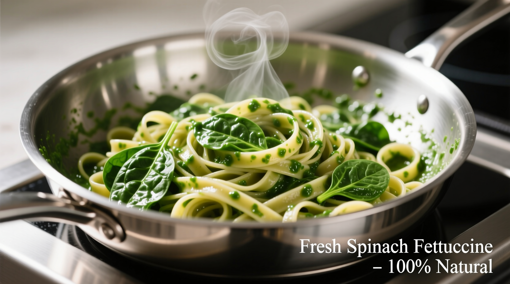 Fresh spinach sauce tossed with fettuccine in stainless steel pan