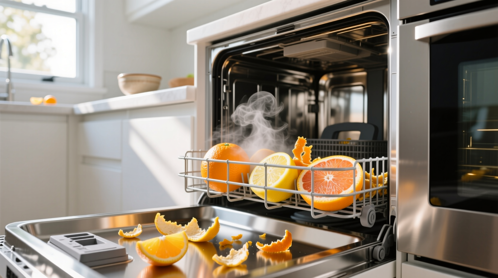 deodorize your dishwasher with leftover citrus peels