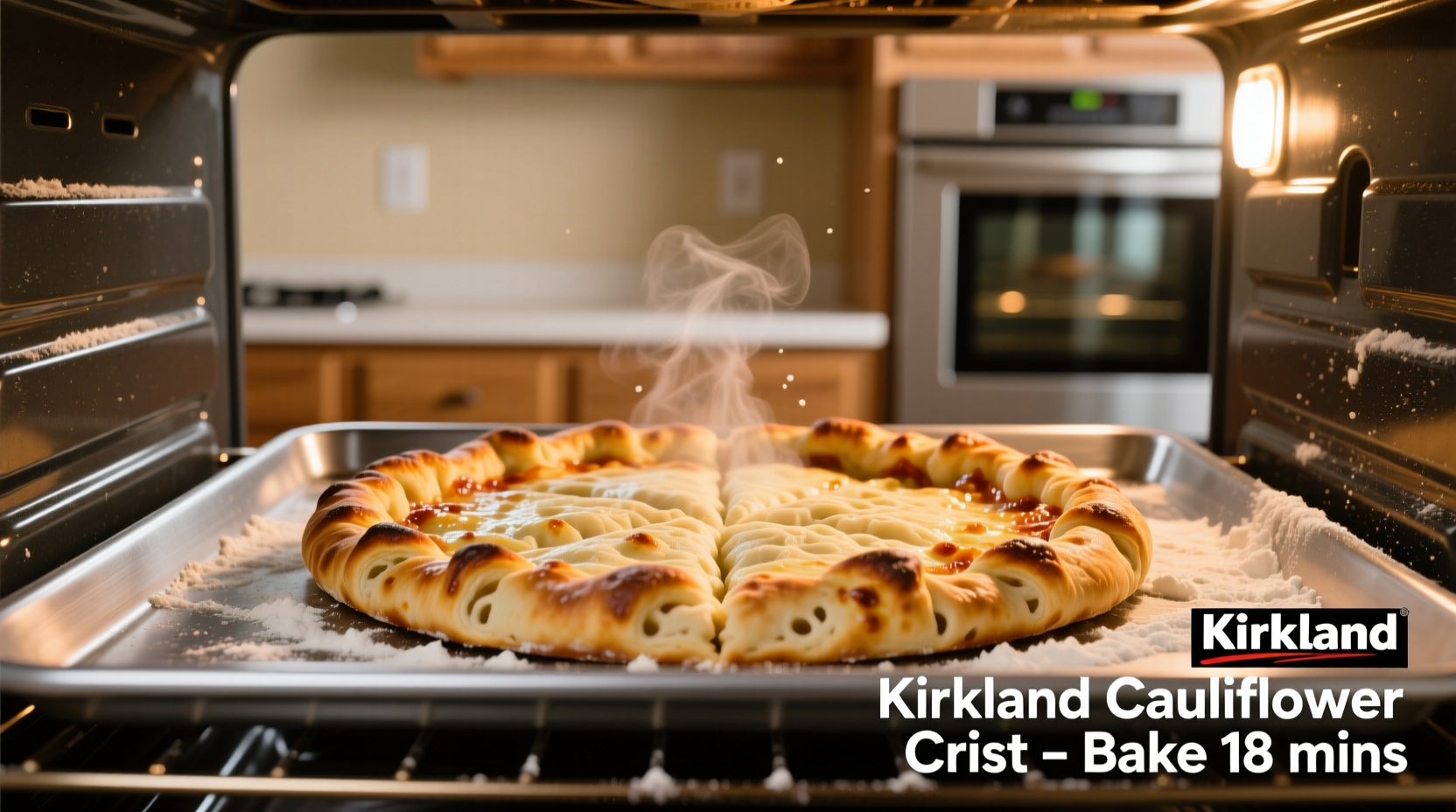 Kirkland cauliflower pizza crust baking in oven