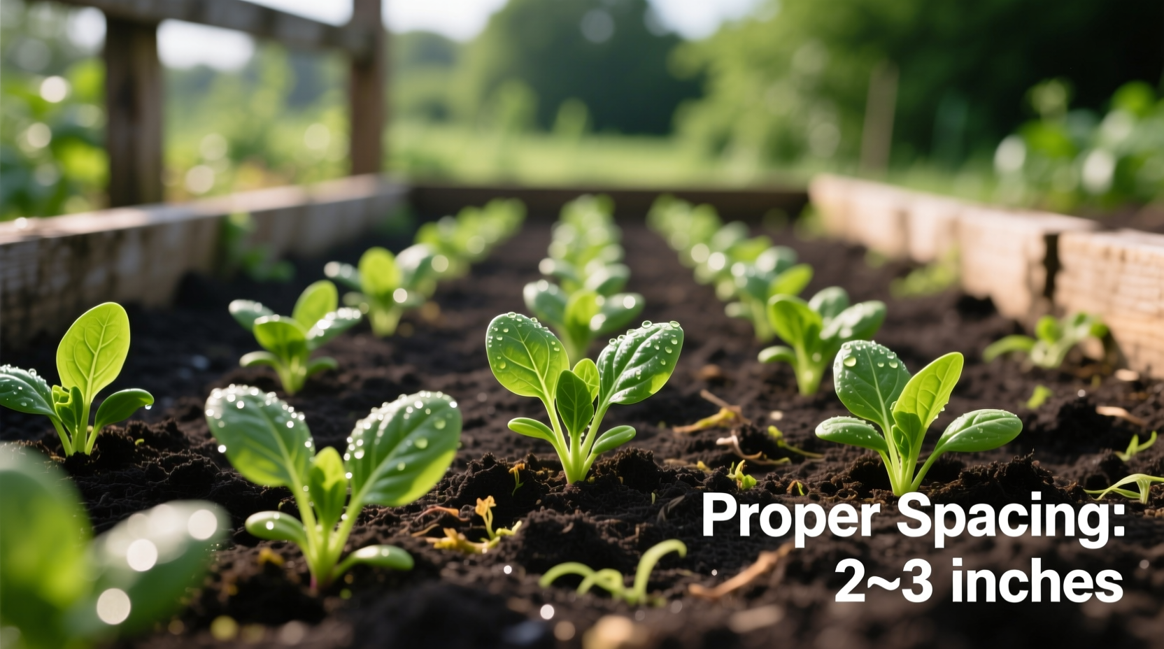 Spinach seedlings showing proper spacing in garden bed