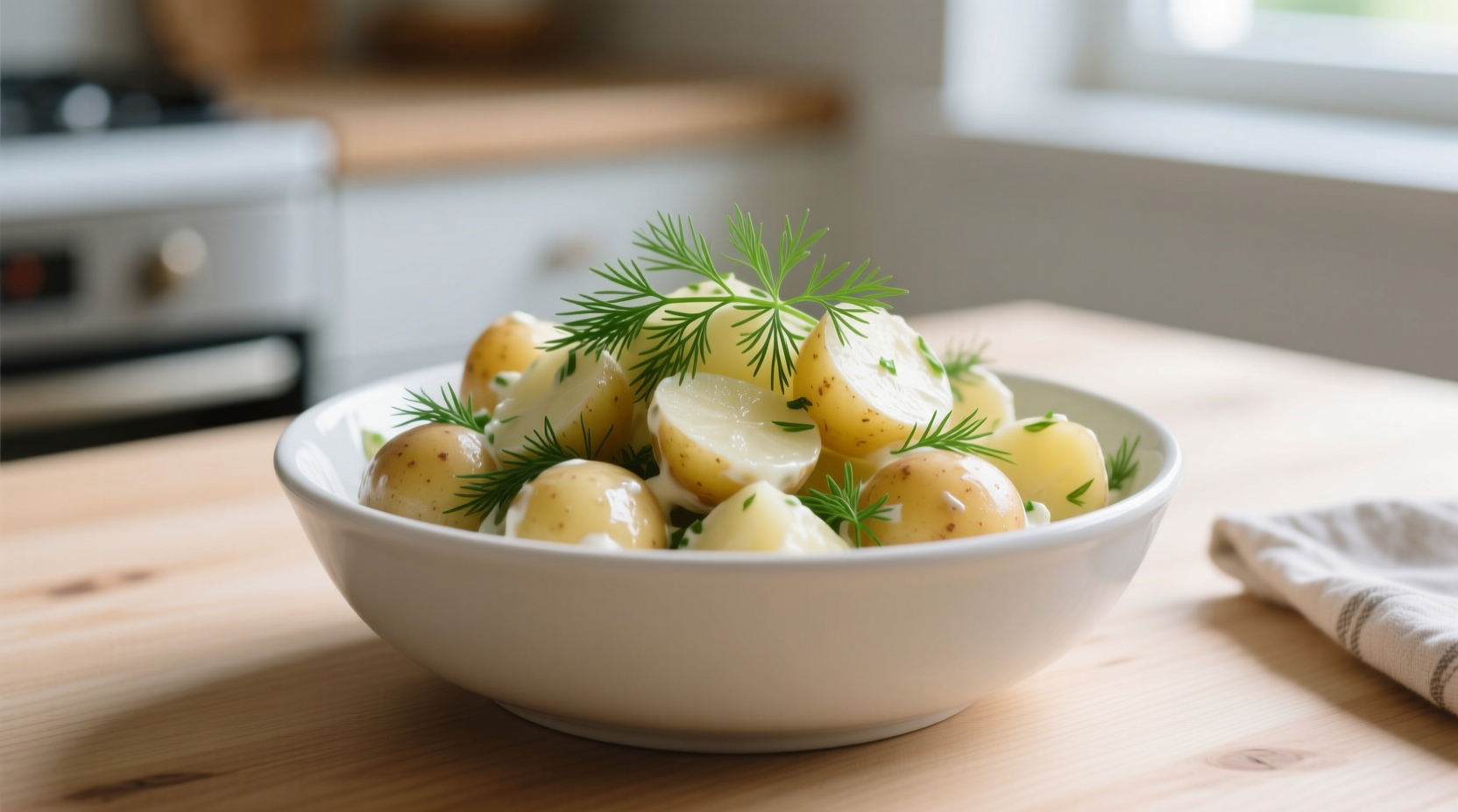 Simple potato salad in white bowl with fresh dill garnish