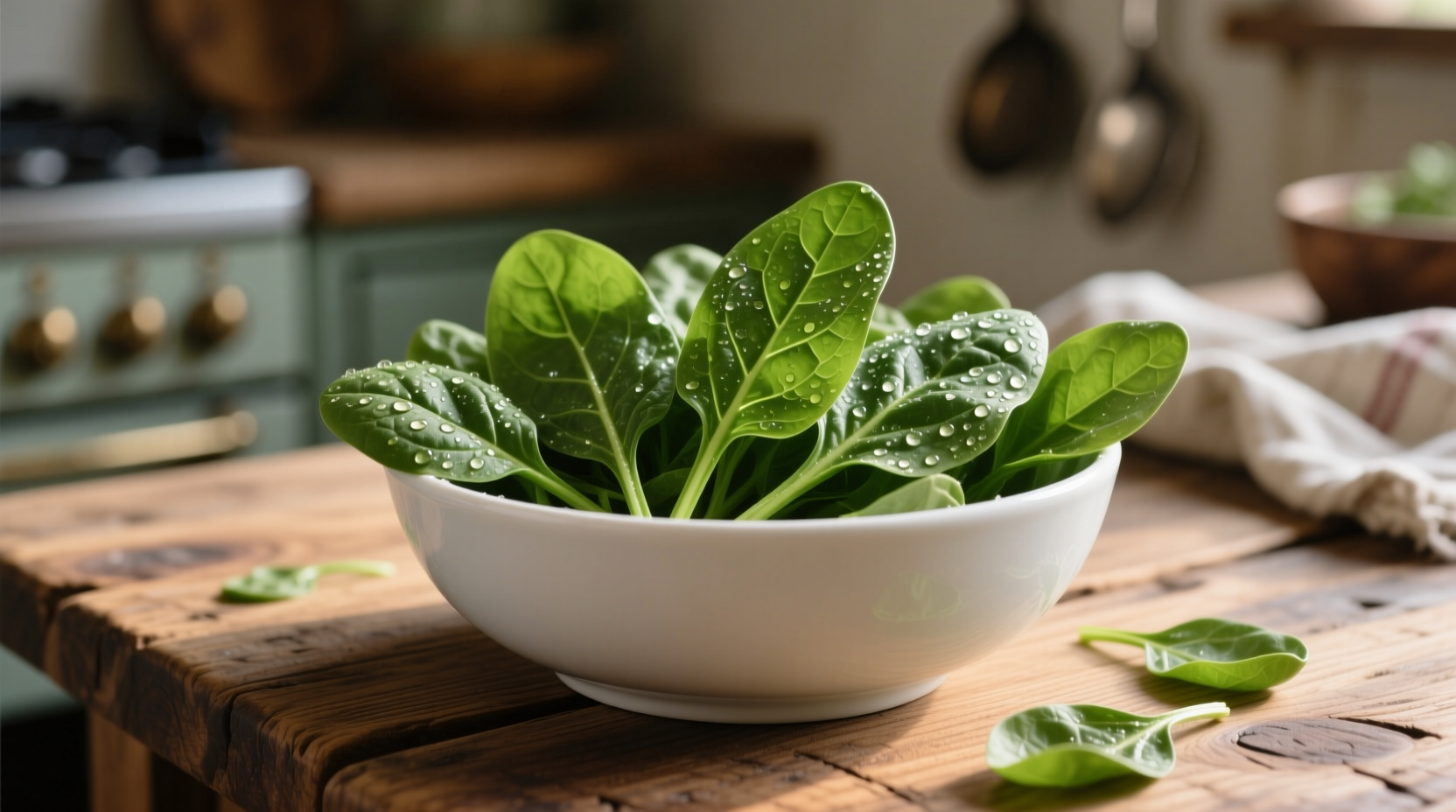 Fresh spinach leaves in a white bowl on wooden table