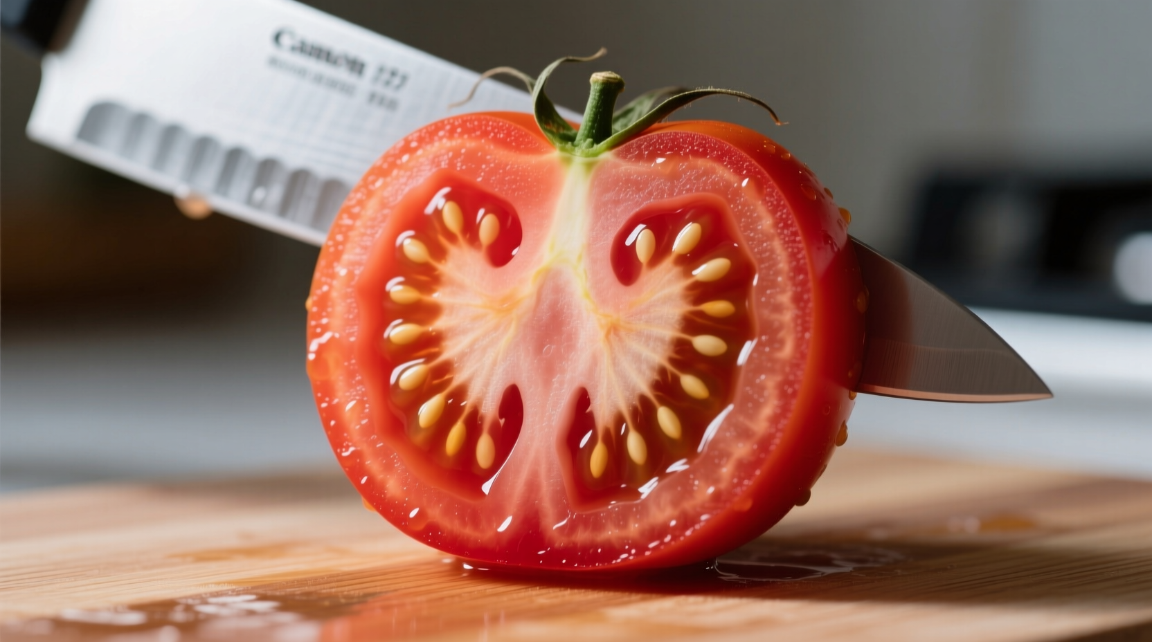 Tomato sliced open showing seeds and flesh structure