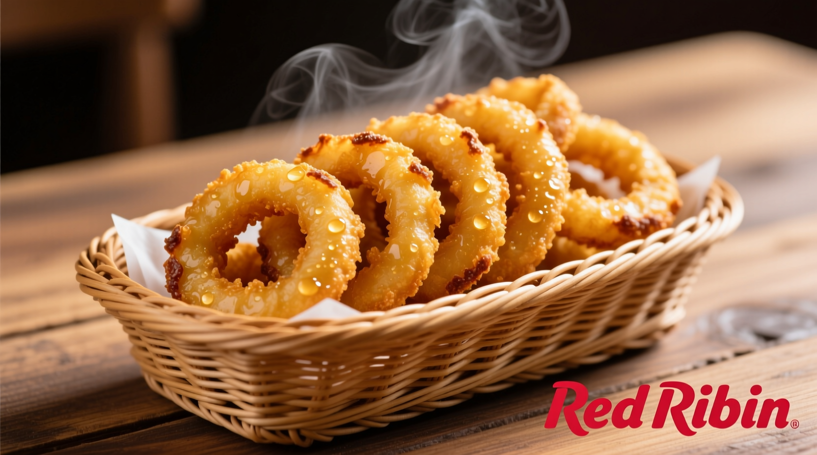 Golden crispy Red Robin onion rings served in a basket