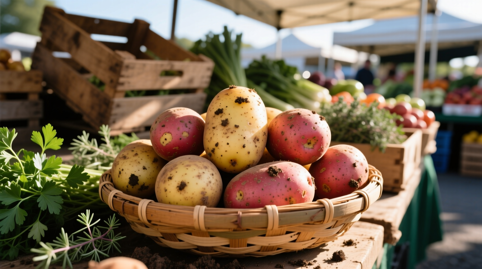 Fresh potatoes displayed at a farmers market stand