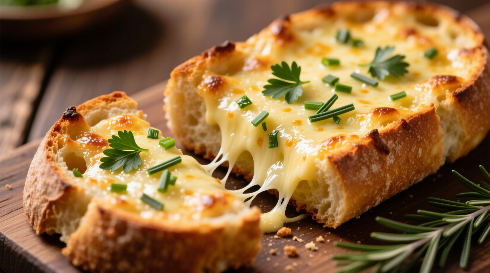 Golden cheesy garlic bread with melted cheese and herbs