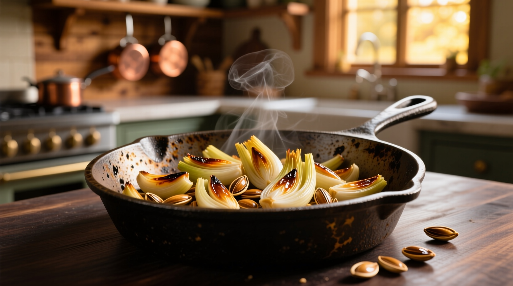 Golden roasted fennel seeds in cast iron skillet
