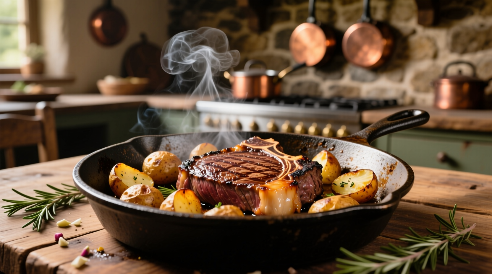 Sizzling steak with roasted potatoes on cast iron