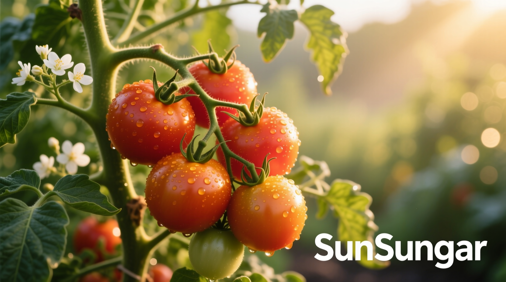 Ripe SunSugar tomatoes on vine with golden hue