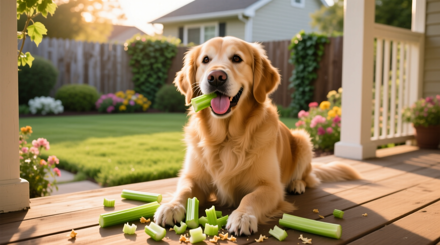 Golden Retriever enjoying small pieces of celery