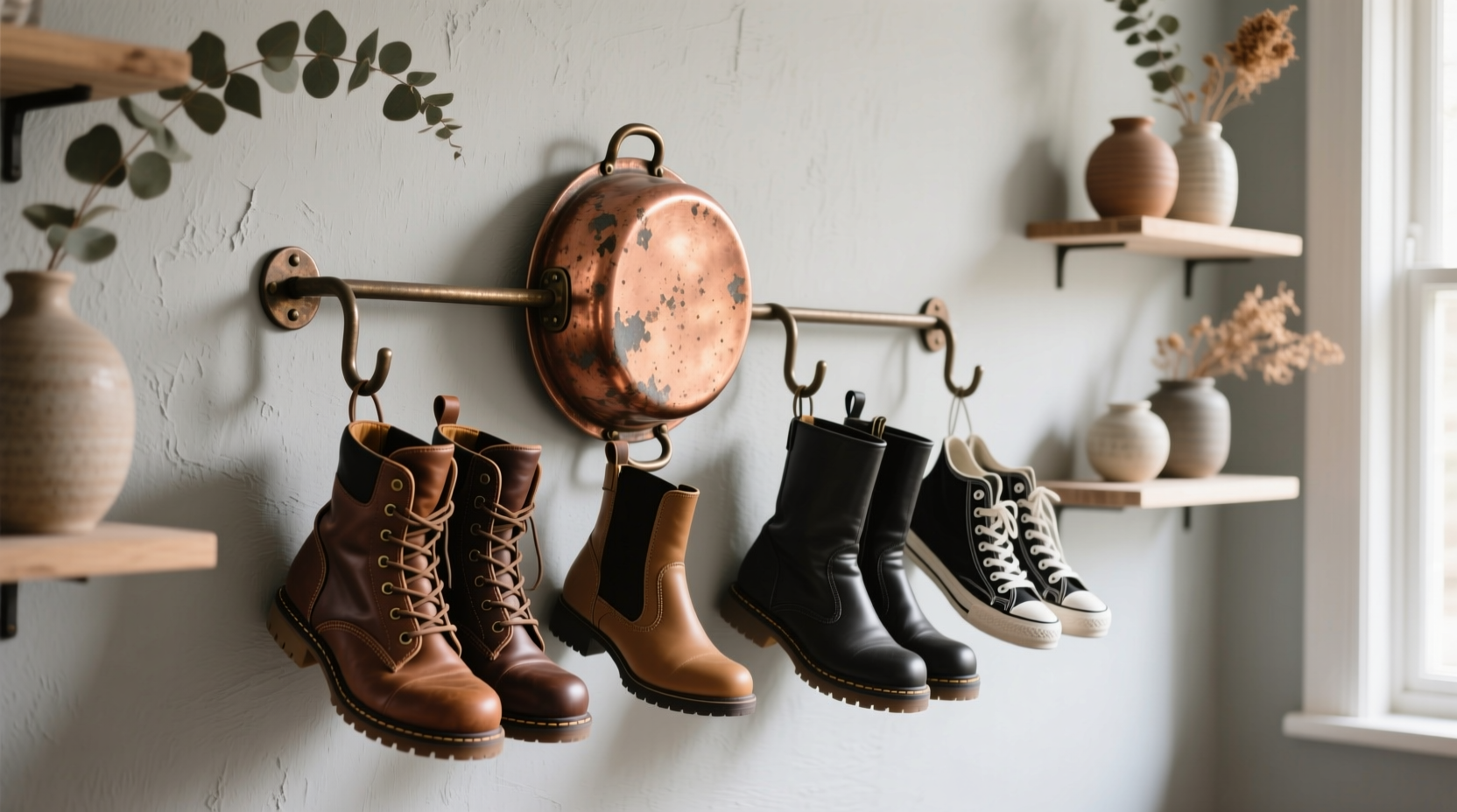 hang boots on your wall with a pot lid organizer