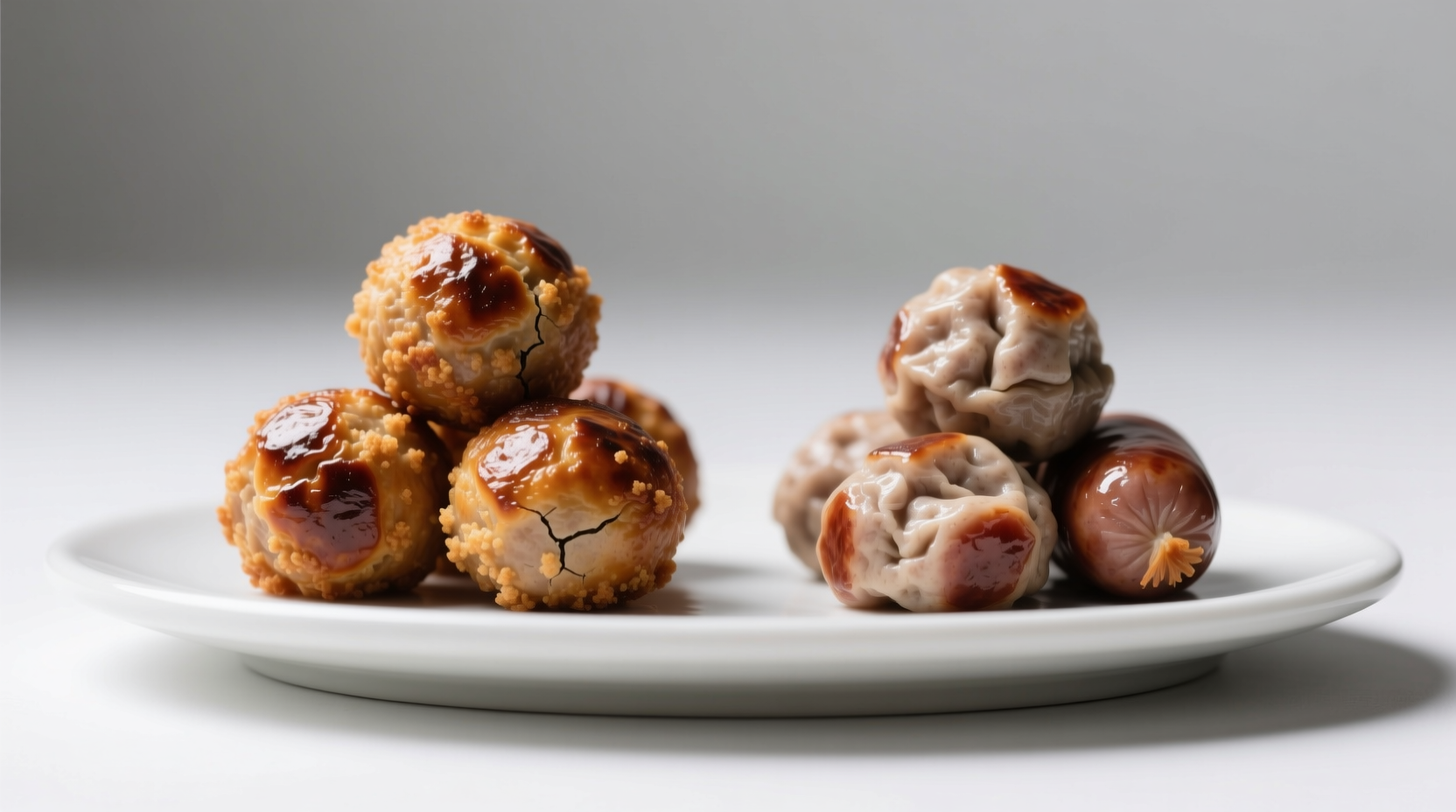 Side-by-side comparison of properly baked vs. collapsed sausage balls showing texture differences