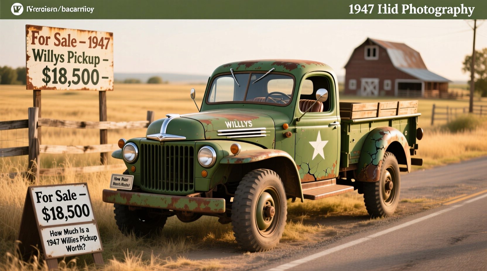 Jeep Willys pickup truck parked near rural workshop