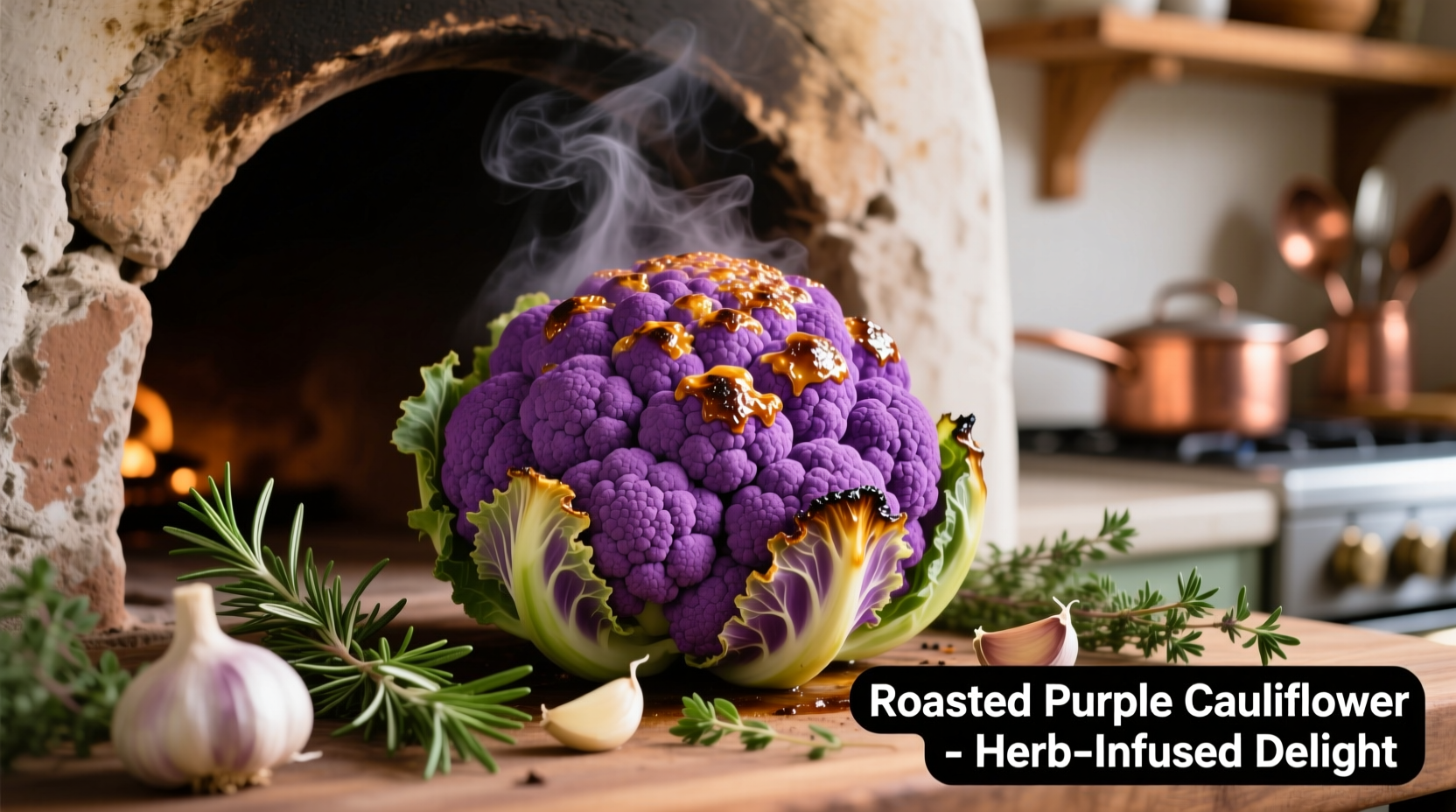 Vibrant purple cauliflower roasting in oven with herbs