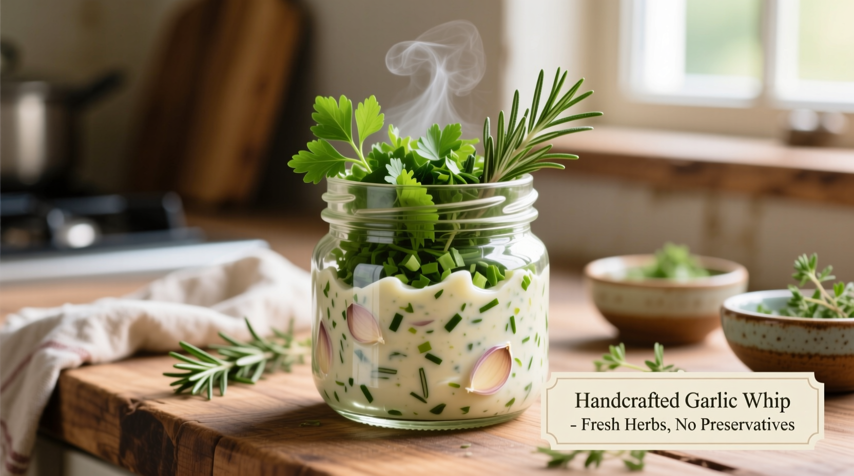 Homemade garlic whip in glass jar with fresh herbs