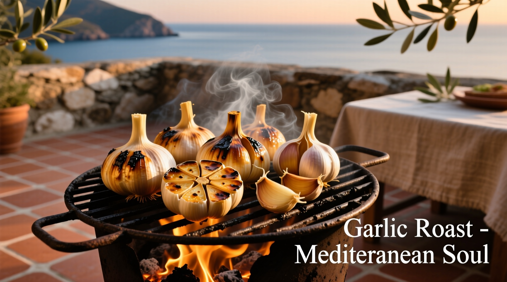 Garlic cloves roasting on Mediterranean grill