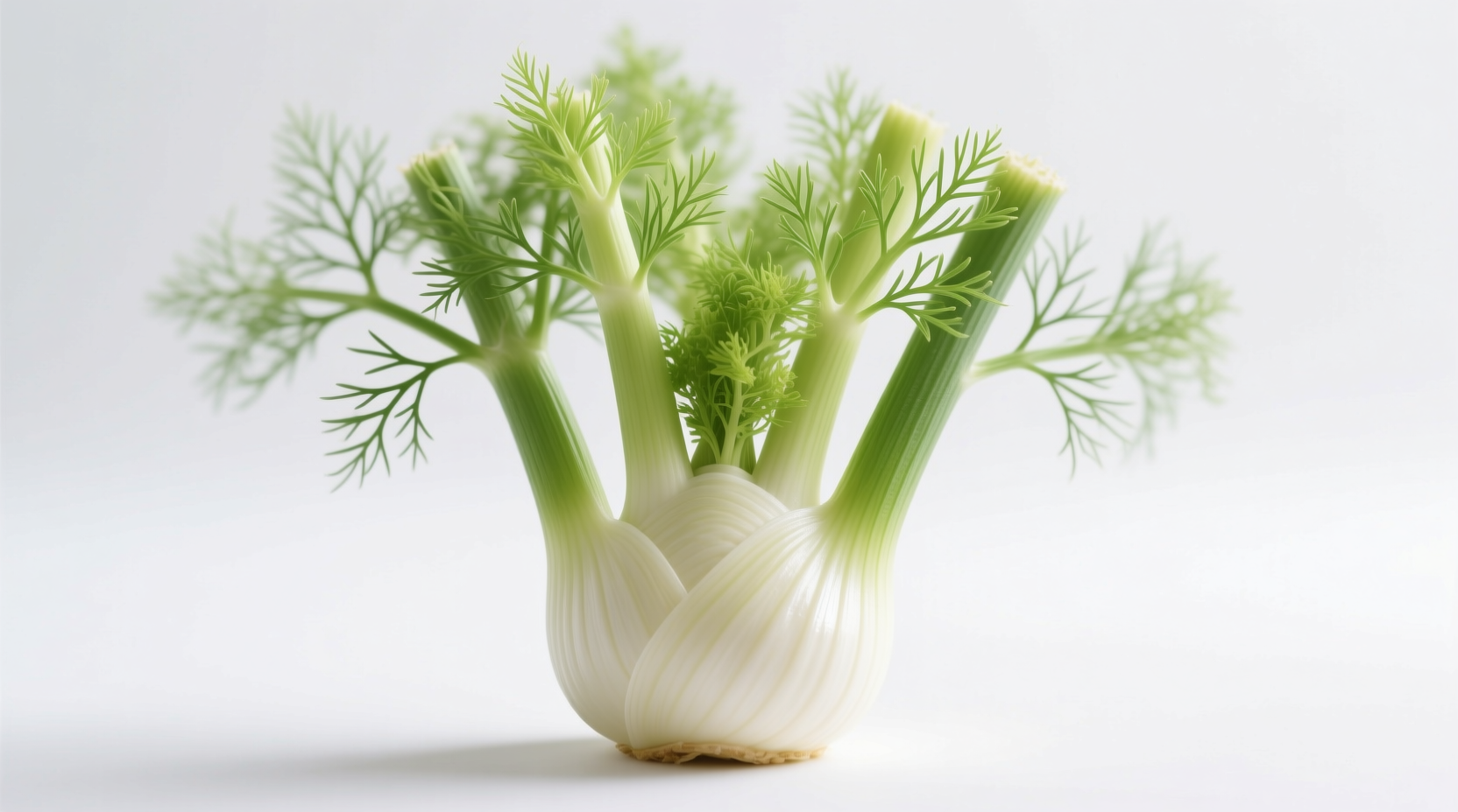 Fresh fennel bulb with green fronds on white background