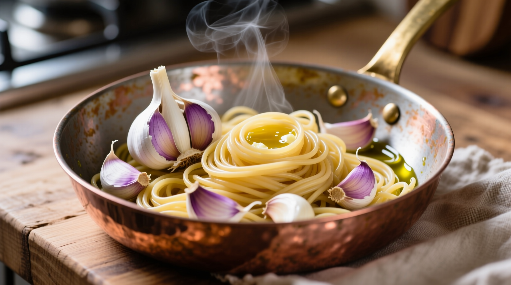 Fresh garlic cloves and spaghetti in a copper pan