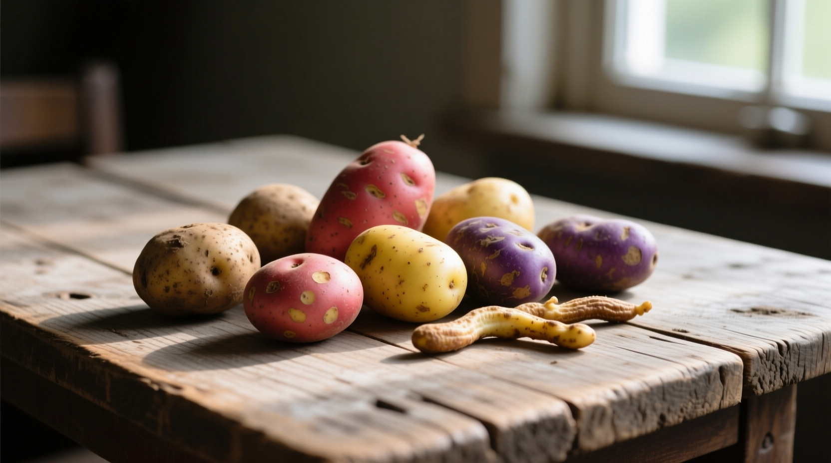 Assorted small potato varieties on wooden table