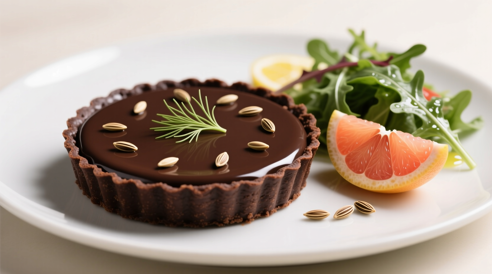 Dark chocolate tart with fennel seed garnish beside pomelo and arugula salad