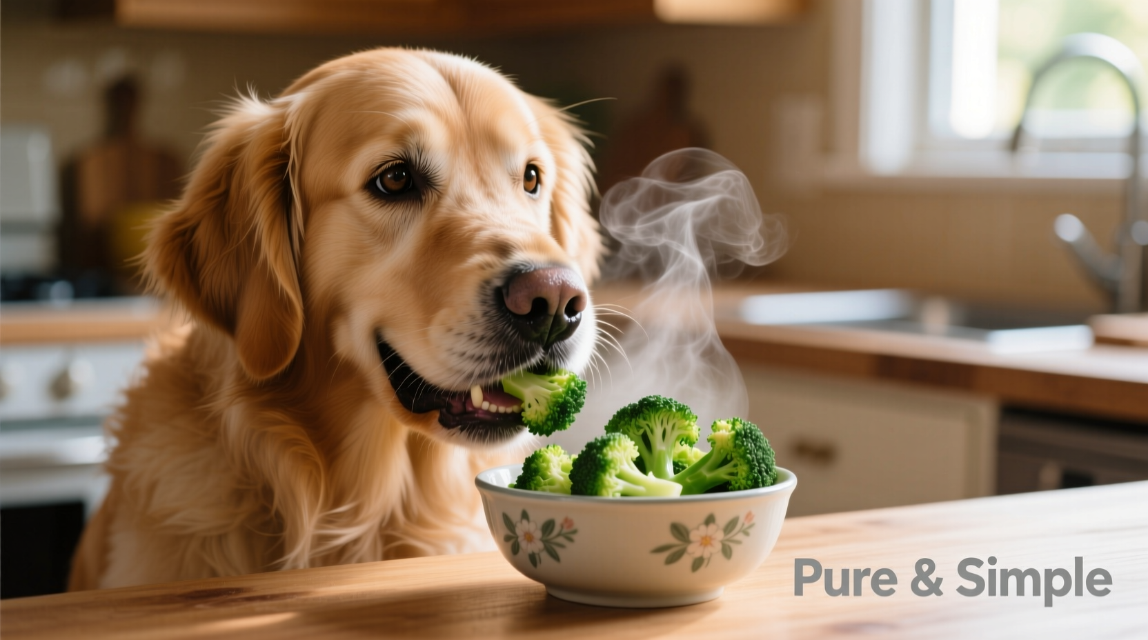 Golden Retriever eating steamed broccoli pieces