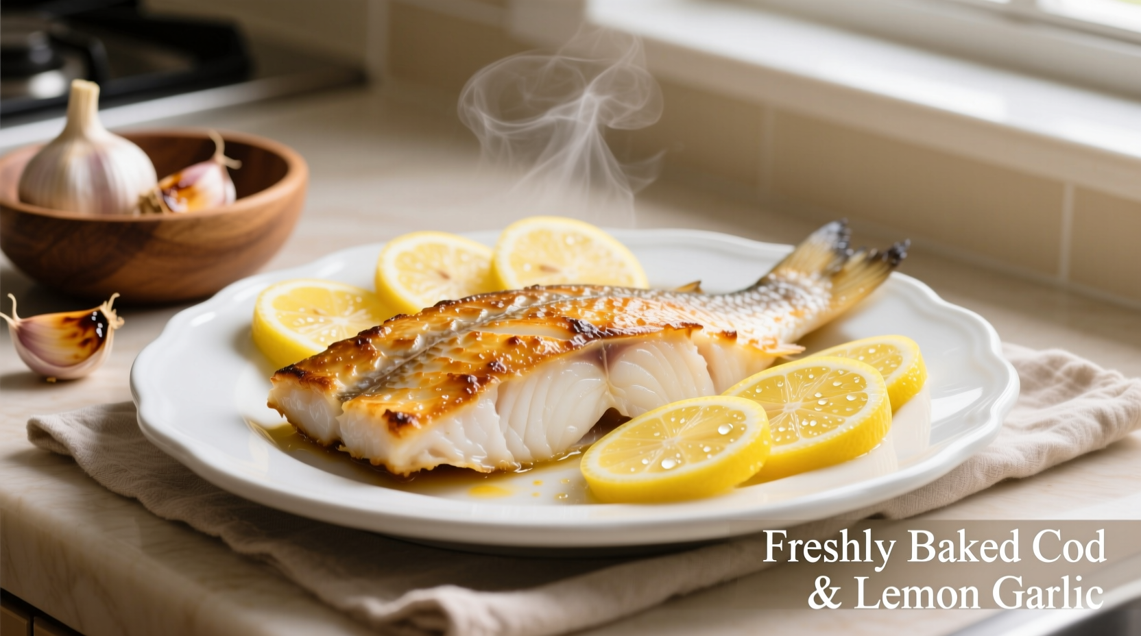 Perfectly baked cod fillet with lemon slices and garlic