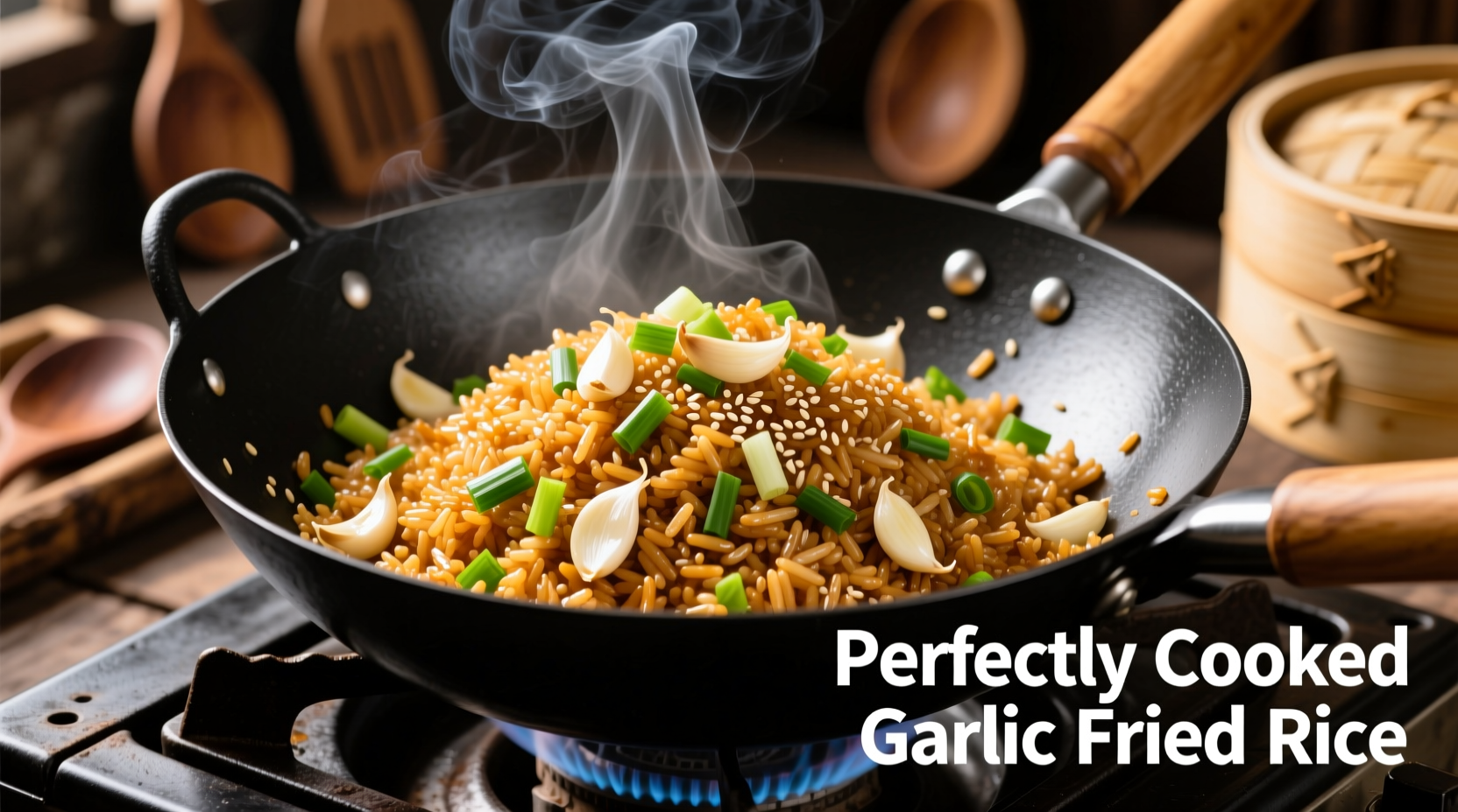 Perfectly cooked garlic fried rice in wok