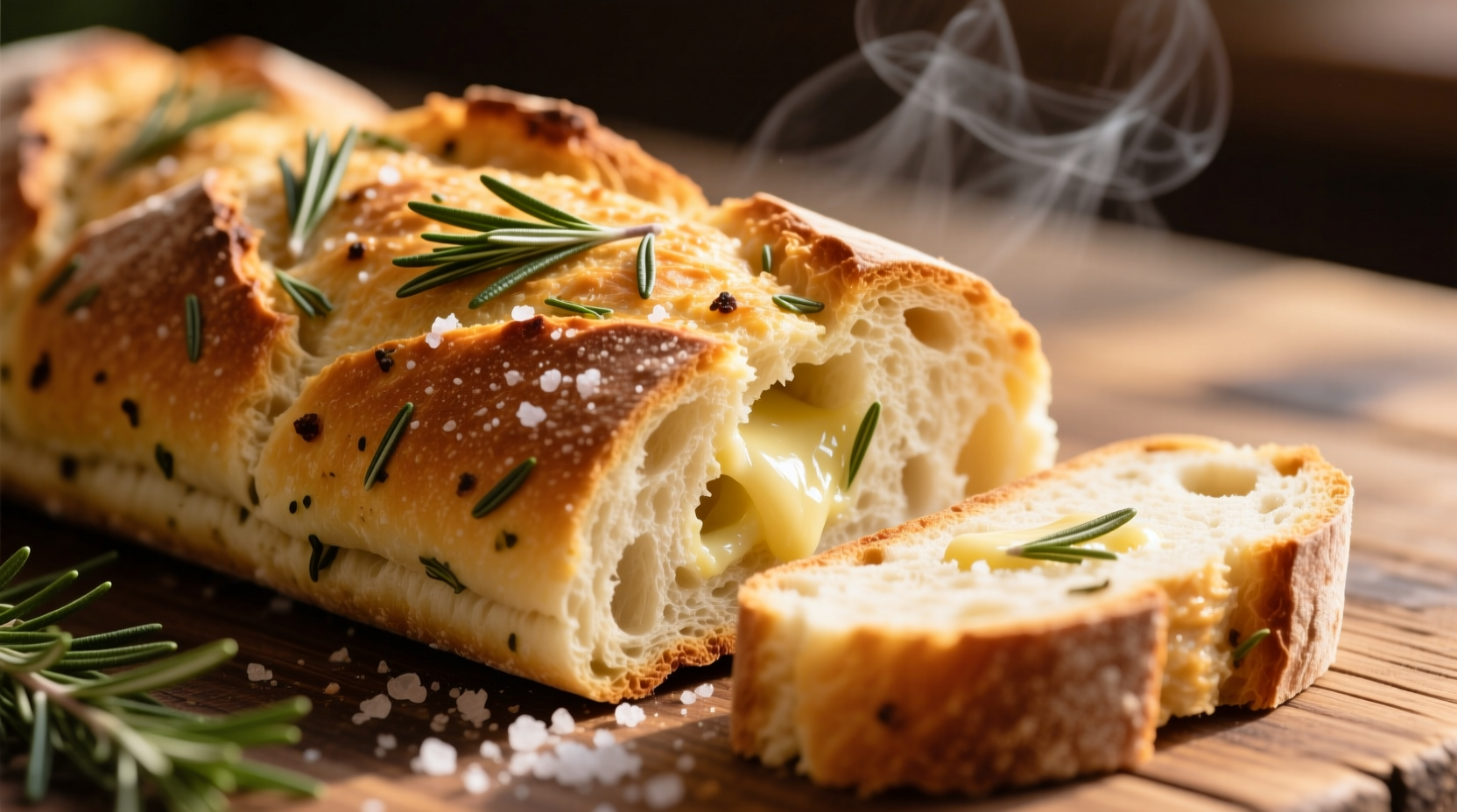 Close-up of golden brown bread with visible fresh rosemary speckles