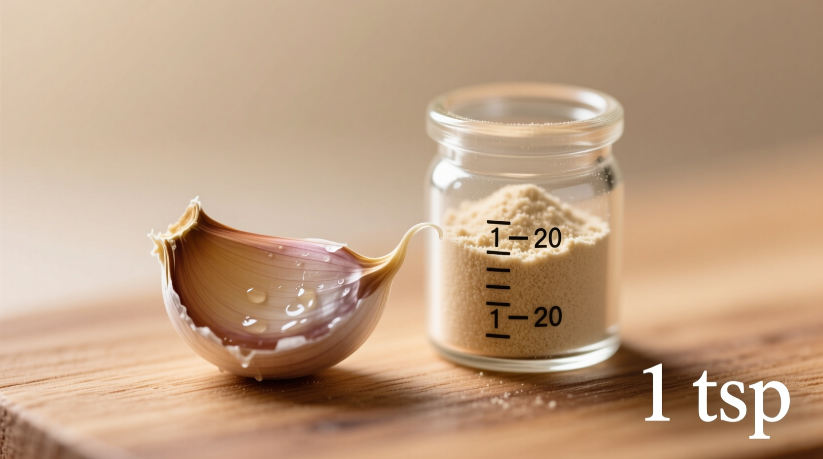 Garlic cloves next to garlic powder measurement