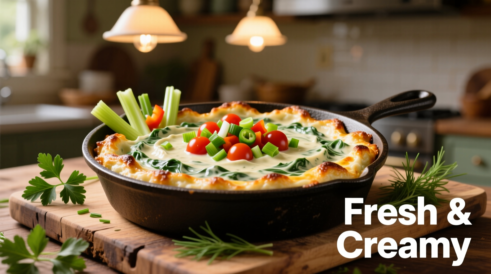 Creamy ranch spinach dip in cast iron skillet with veggies