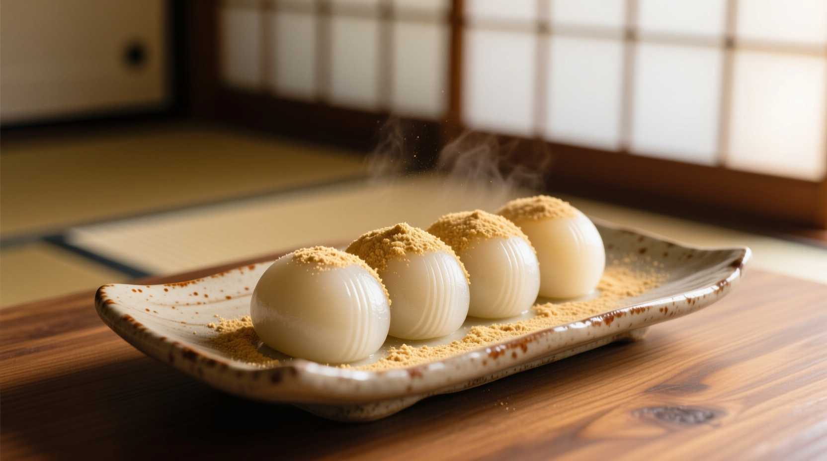 Traditional Japanese potato mochi served on ceramic plate