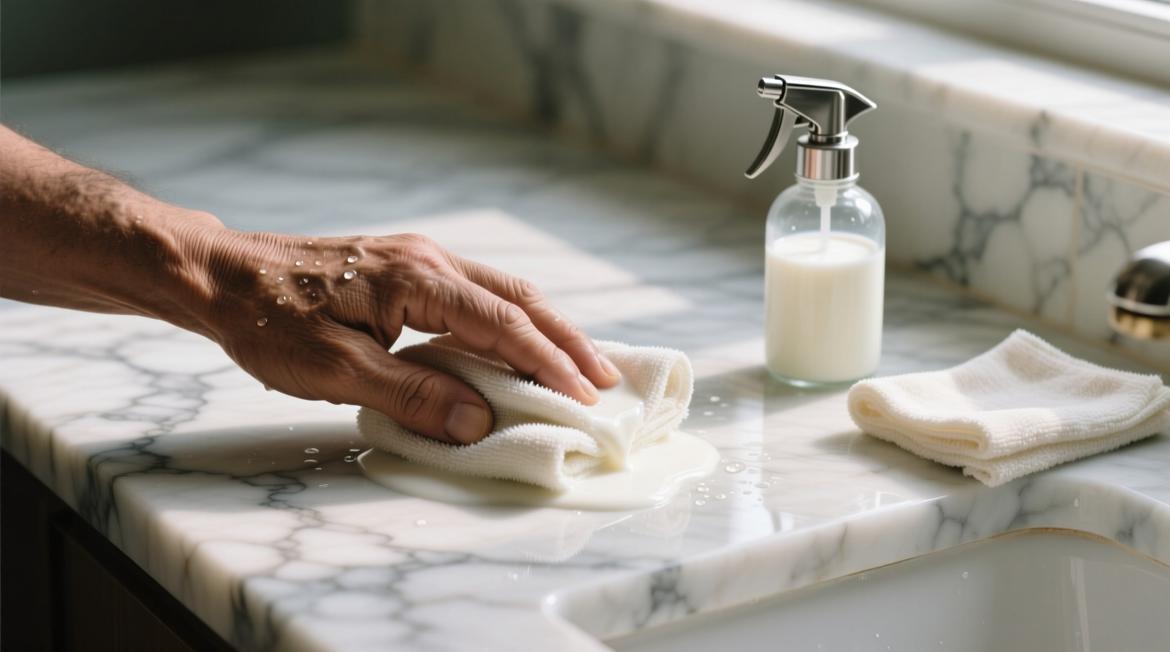 Close-up of a hand using a folded soft white microfiber cloth dampened with milk to gently buff a veined white marble countertop, with distilled water spray bottle and dry cloth visible nearby