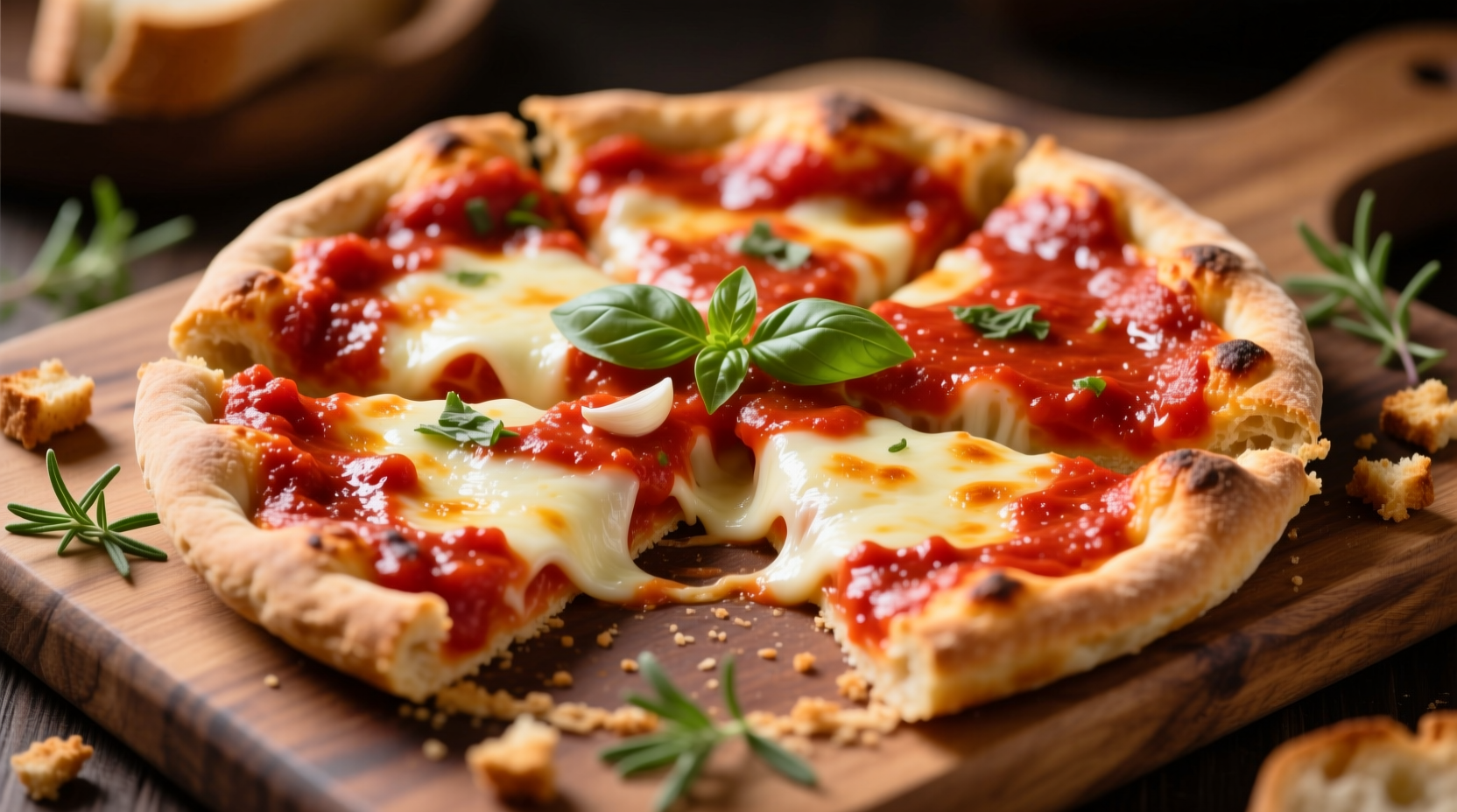 Tomato Pie mit intensiv roter Sauce auf dünnem Teig