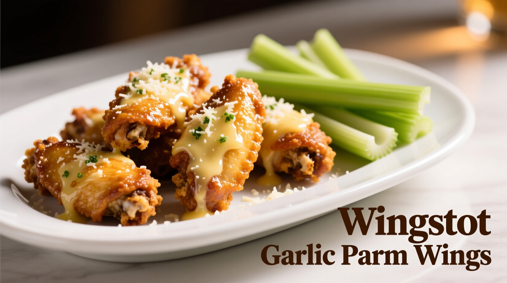 Wingstop Garlic Parm wings on white plate with celery sticks