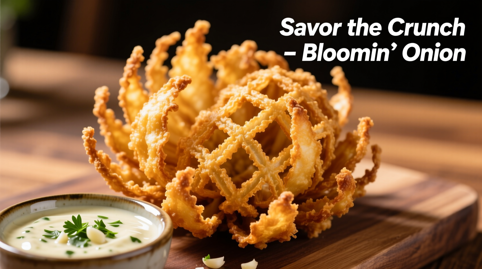 Crispy bloomin onion served with dipping sauce