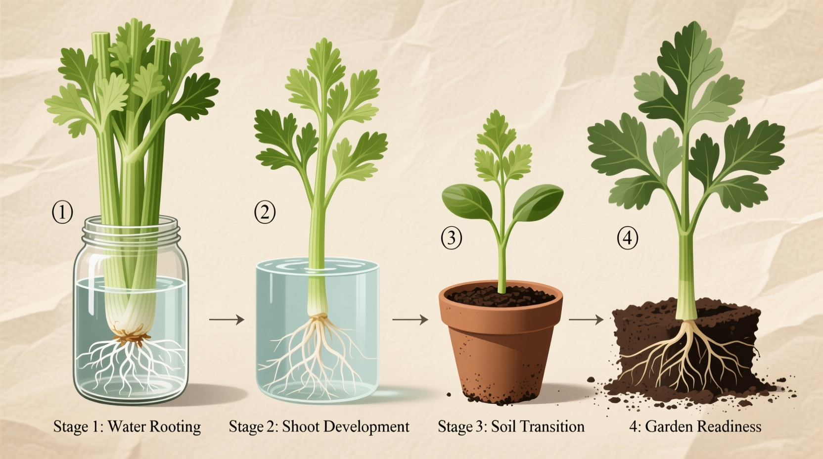 Celery regrowth stages from water to soil transplant
