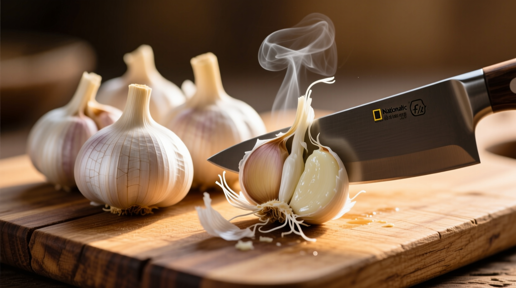 Fresh garlic cloves with crushed garlic on wooden cutting board