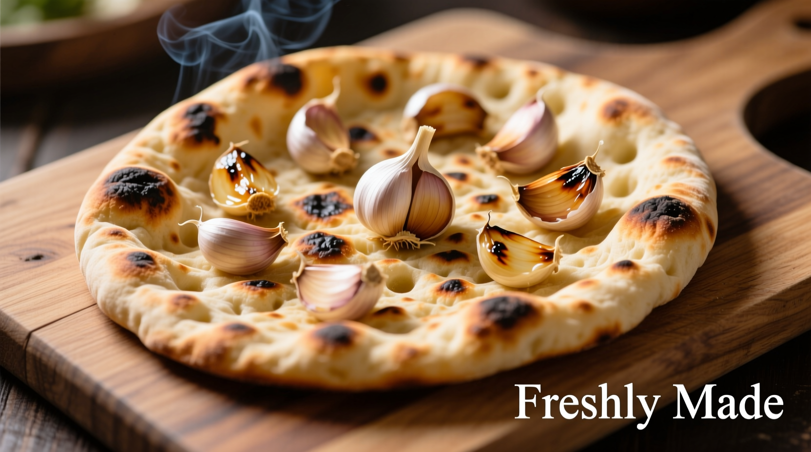Freshly made garlic naan with visible char marks and garlic pieces