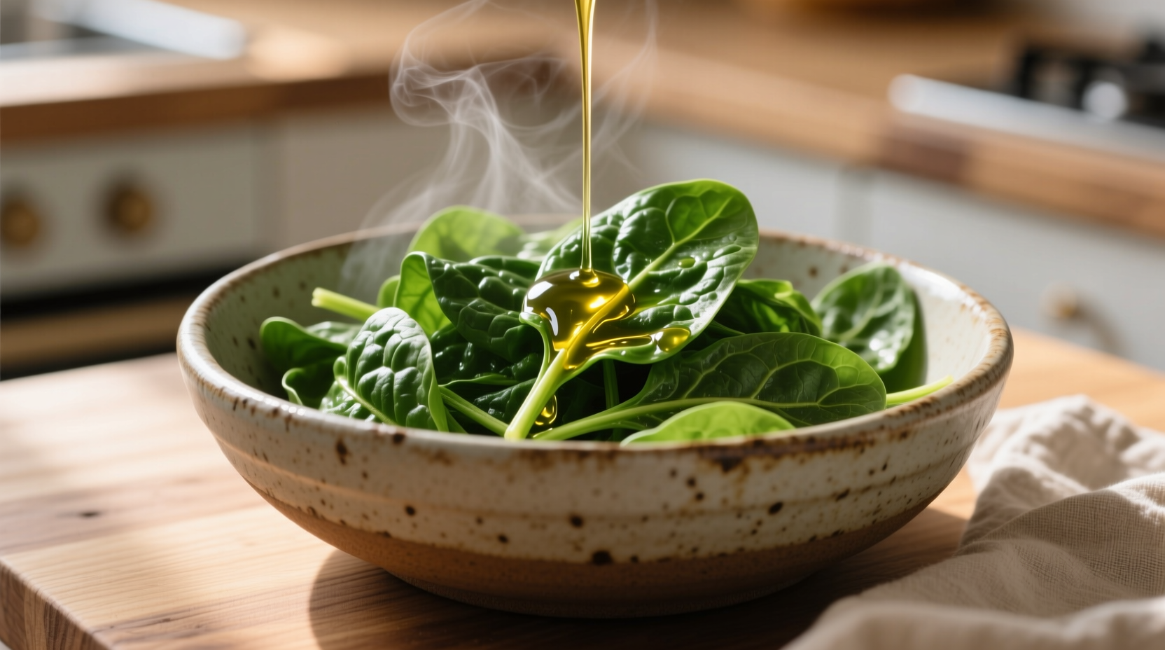 Fresh cooked spinach in a ceramic bowl with olive oil drizzle