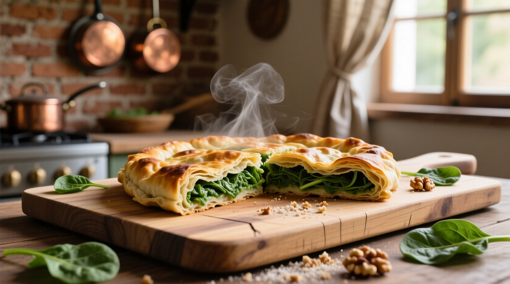 Traditional spinach burek sliced on wooden board