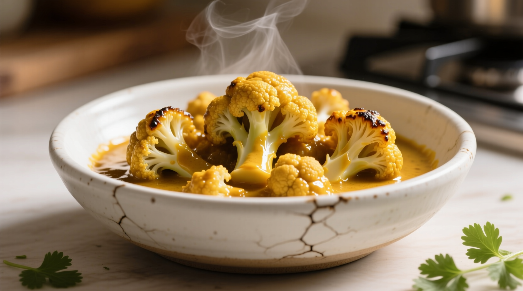 Golden curried cauliflower in white ceramic bowl