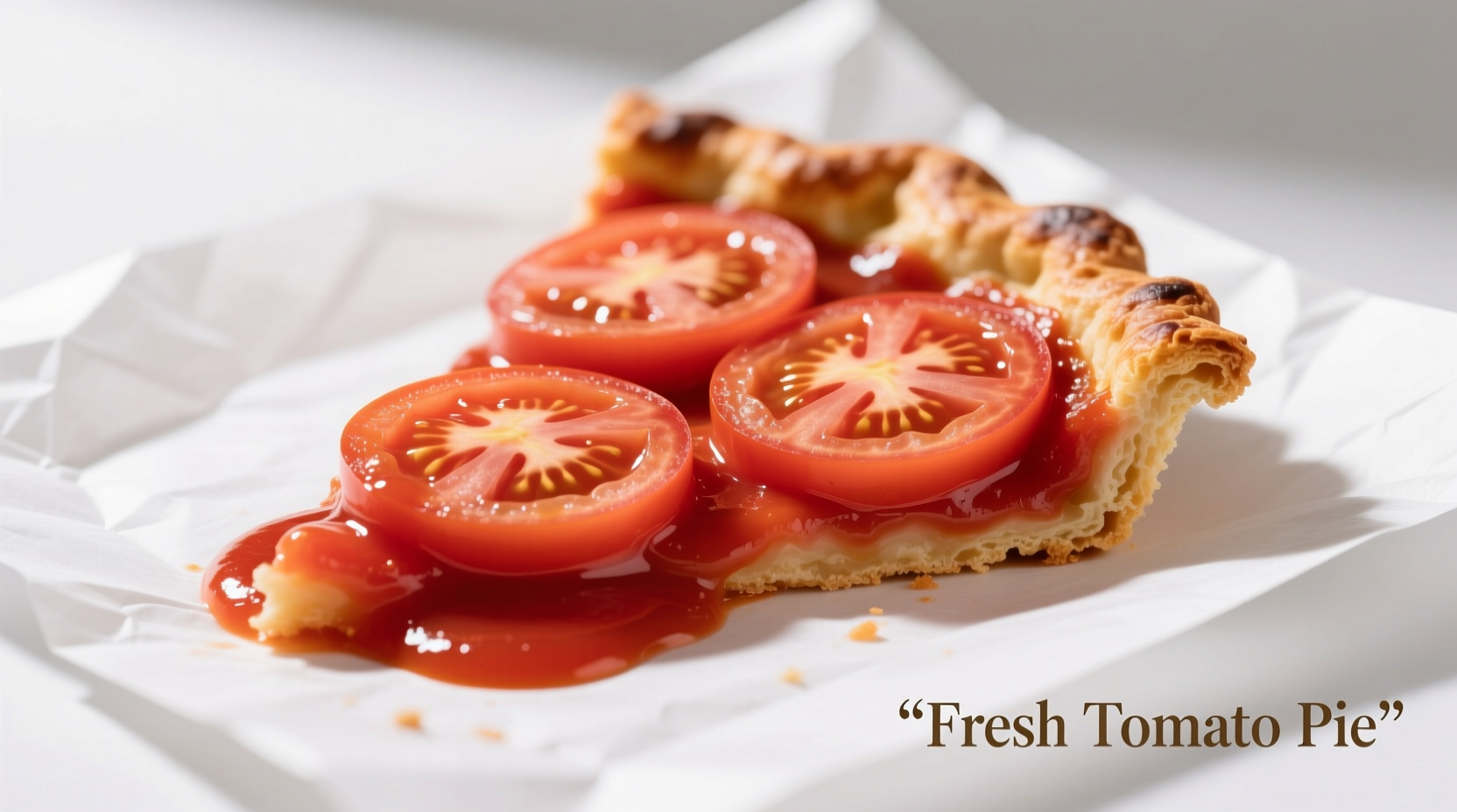Freshly sliced tomato pie with vibrant red sauce on white paper
