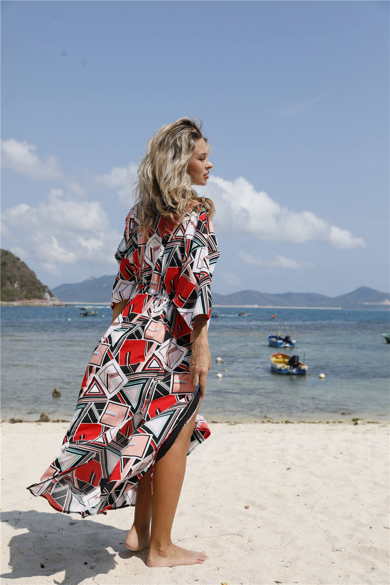 2022新款到货女式沙滩泳衣泳装遮住休闲印花沙滩裙开襟沙滩裙