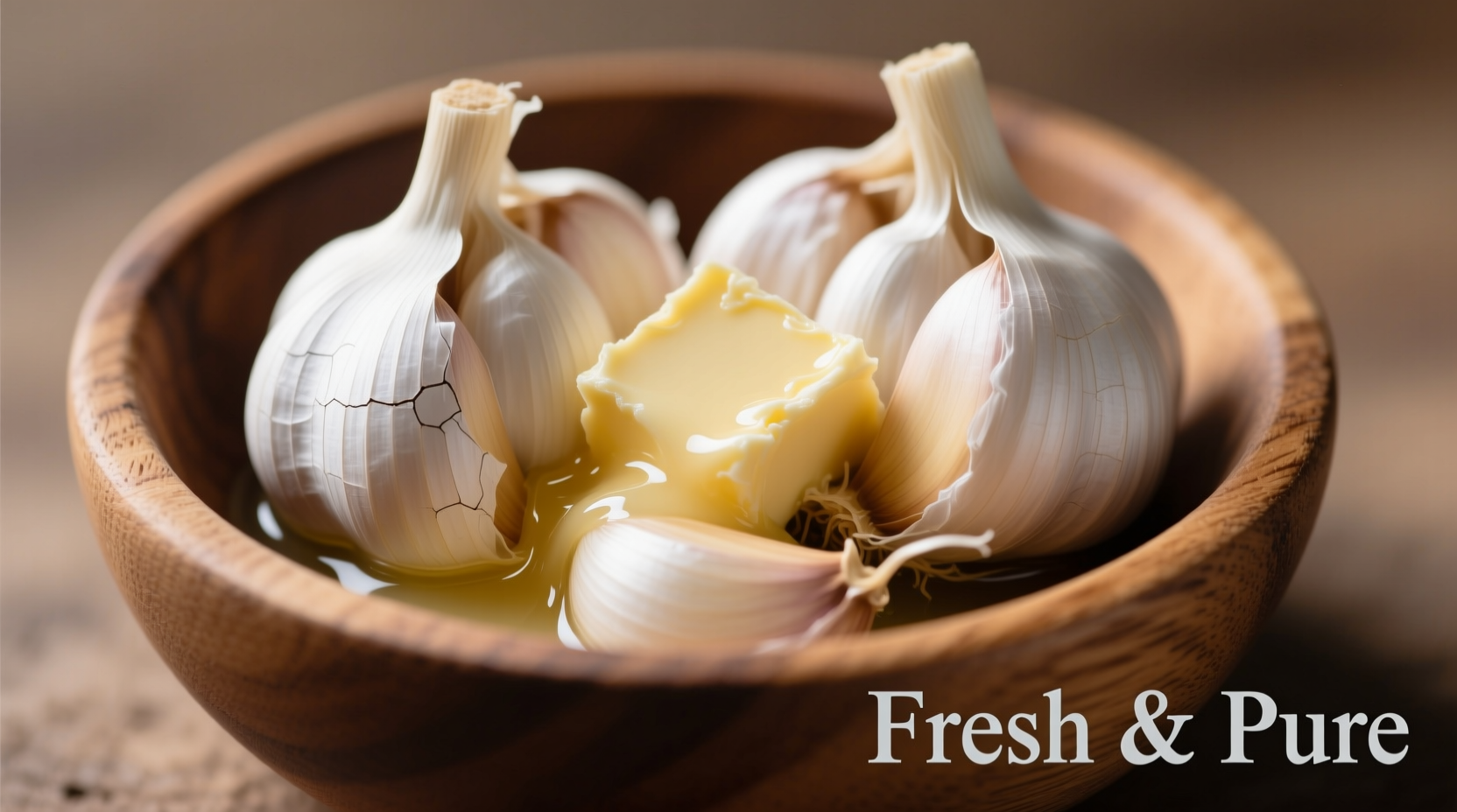 Fresh garlic cloves and butter in wooden bowl