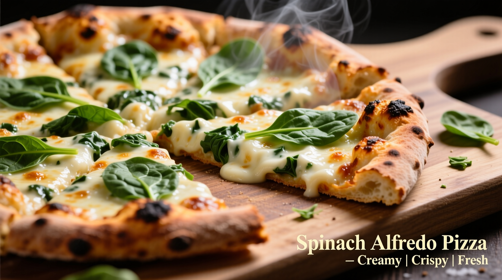 Spinach alfredo pizza with golden crust and creamy sauce